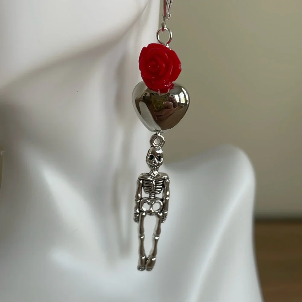 HAND CRAFTED SKELETON EARRINGS  Skeleton Charms  Hearts  Rose Beads